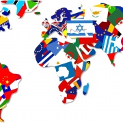 אילוסטרציה - קביעת מדיניות רילוקיישן - ישראל מול שאר העולם - איור של מפת עולם המורכבת מתלאים-תלאים של דגלי מדינות
